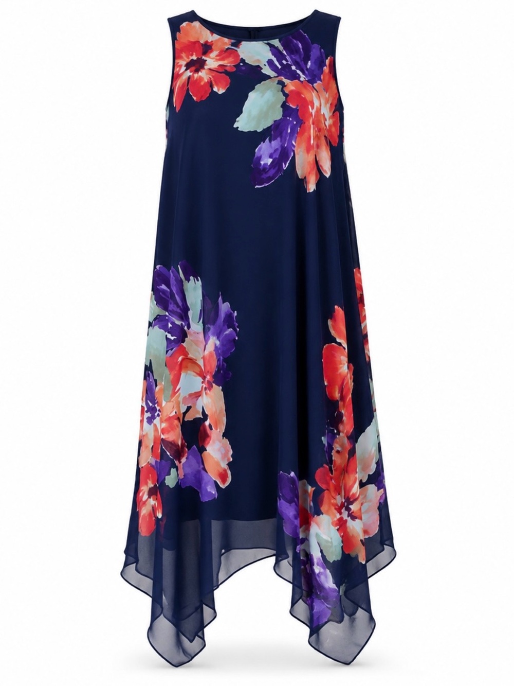 SLNY Navy Floral Chiffon Overlay Asymmetrical Midi Dress Size 12
